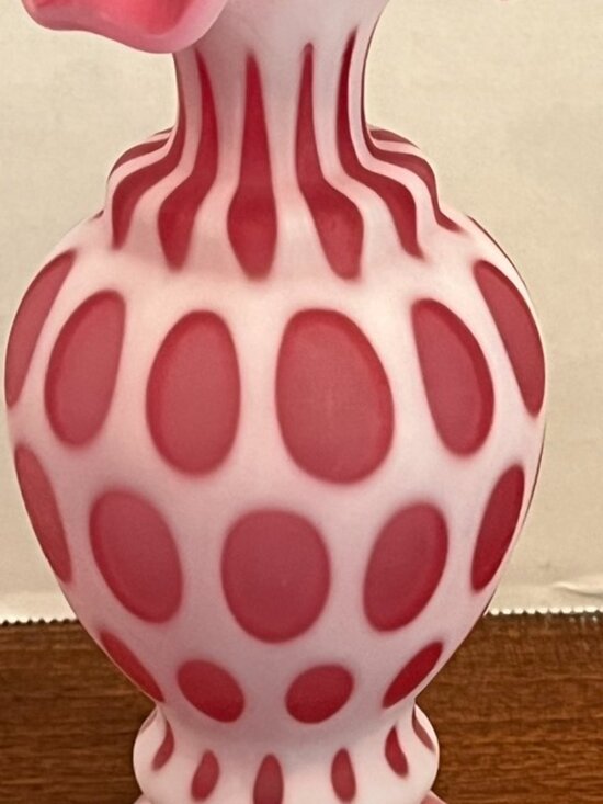Fenton Satin Frosted Coin Dot Cranberry Pink Ruffled Vase